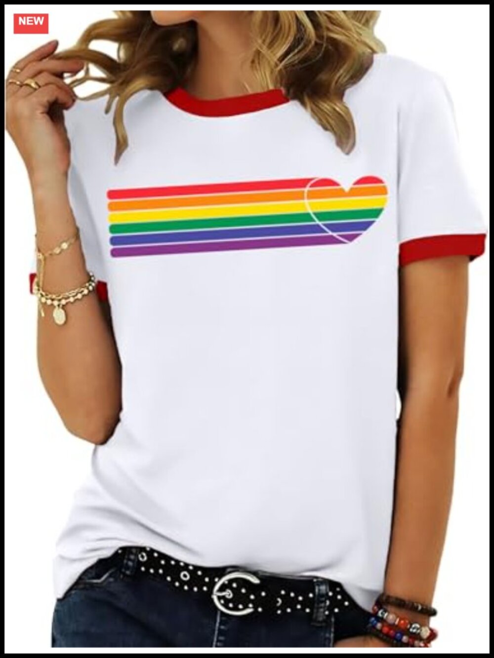 Rainbow Heart Pride Tee Women Short Sleeve Crewneck Ringer T-Shirt Polyester